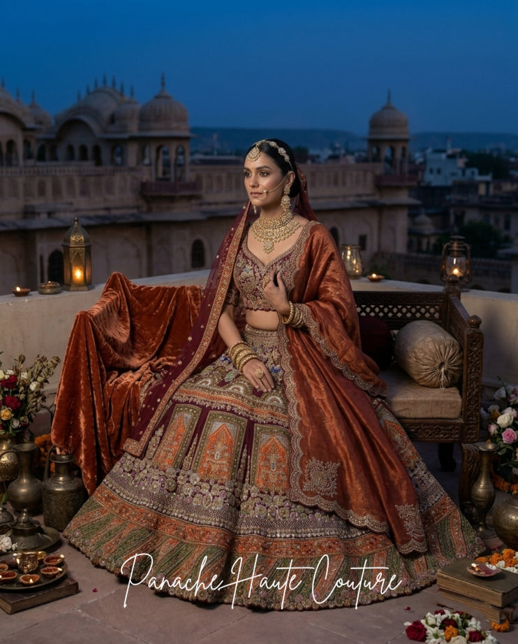 Mumtaz Burgundy Maroon Dupion Silk Bridal Lehenga Panache Haute Couture