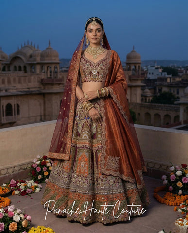 Mumtaz Burgundy Maroon Dupion Silk Bridal Lehenga Panache Haute Couture