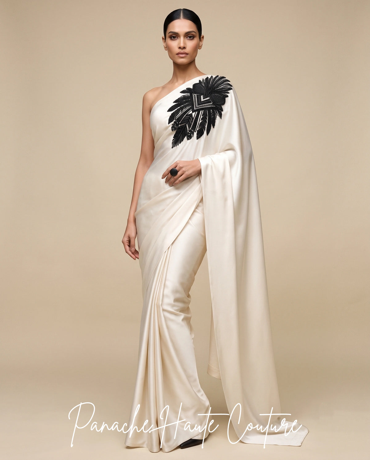 The Ivory Noir Statement Satin Silk Saree at Panache Haute Couture