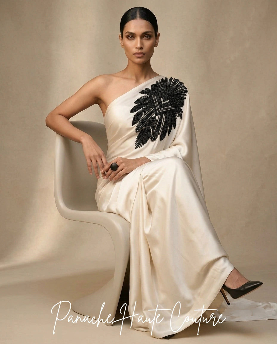 The Ivory Noir Statement Satin Silk Saree styled look