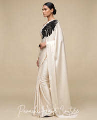 The Ivory Noir Statement Satin Silk Saree at Panache Haute Couture