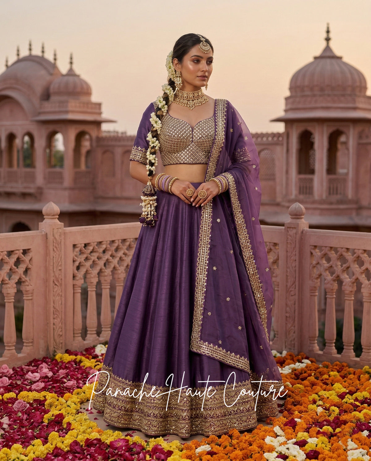 Parinita Dark Lavender Sangeet Lehenga – Occasion Couture Set styled with jewellery