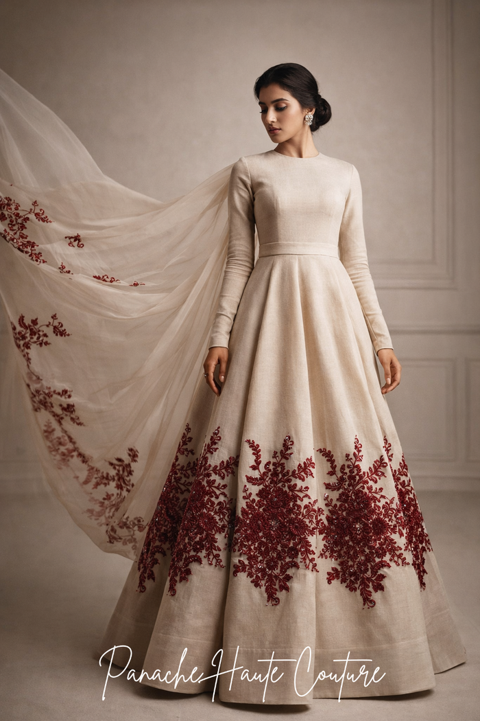 Pastel Raw Silk Floor Length Gown with Maroon Embroidery