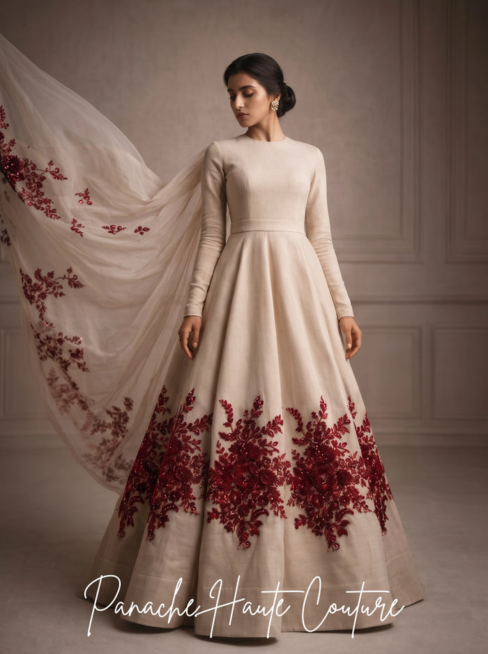 Pastel Raw Silk Floor Length Gown with Maroon Embroidery at Panache Haute Coutrue Sydney