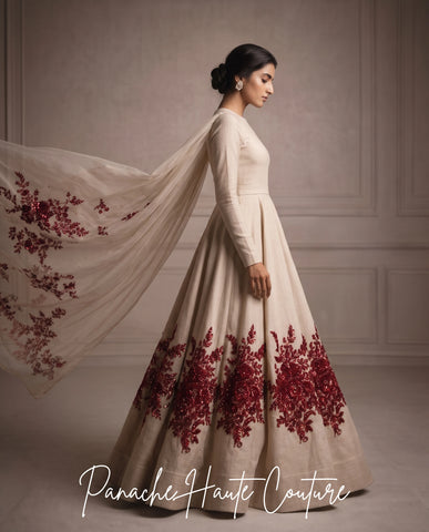 Pastel Raw Silk Floor Length Gown with Maroon Embroidery at Panache Haute Coutrue Sydney