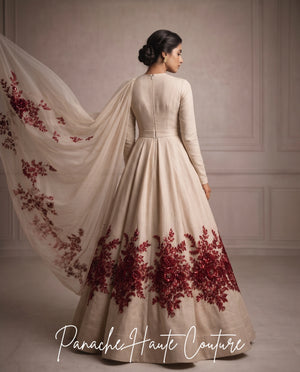 Pastel Raw Silk Floor Length Gown with Maroon Embroidery at Panache Haute Coutrue Sydney