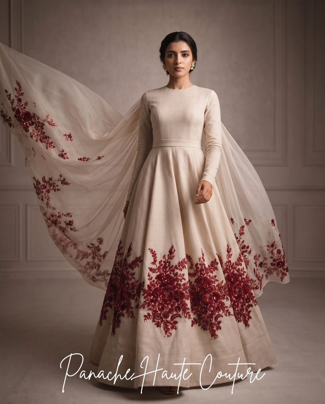 Pastel Raw Silk Floor Length Gown with Maroon Embroidery silhouette