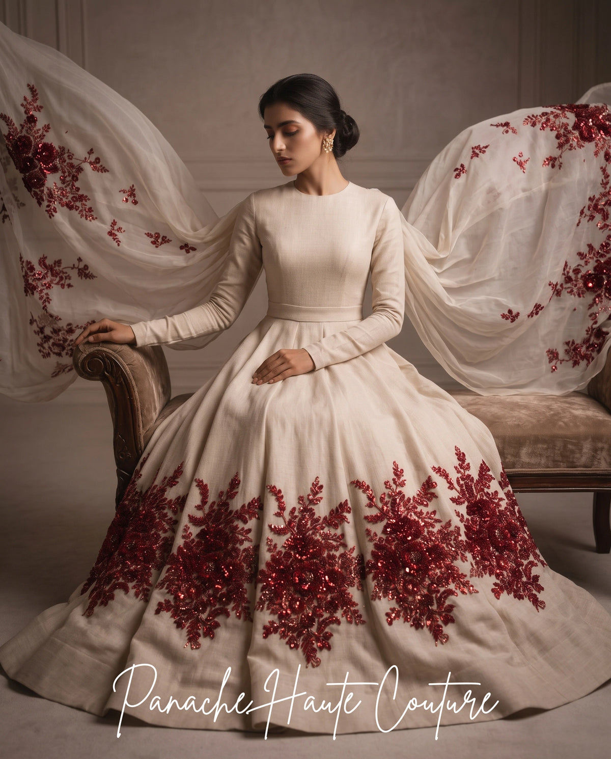 Pastel Raw Silk Floor Length Gown with Maroon Embroidery styled with jewellery