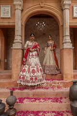 Pearled Ivory Lehenga with Maroon Zardozi Motifs &amp; Velvet Appliques, Paired with Maroon Tulle Dupatta