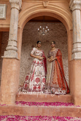 Pearled Ivory Lehenga with Maroon Zardozi Motifs &amp; Velvet Appliques, Paired with Maroon Tulle Dupatta