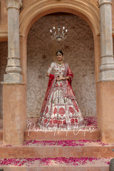 Pearled Ivory Lehenga with Maroon Zardozi Motifs &amp; Velvet Appliques, Paired with Maroon Tulle Dupatta