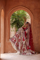 Pearled Ivory Lehenga with Maroon Zardozi Motifs &amp; Velvet Appliques, Paired with Maroon Tulle Dupatta