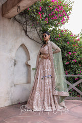 Pink Lehenga with Green Silk Organza Dupatta Sahiba