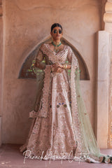 Pink Lehenga with Green Silk Organza Dupatta Sahiba