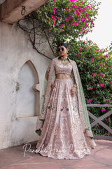 Pink Lehenga with Green Silk Organza Dupatta Sahiba