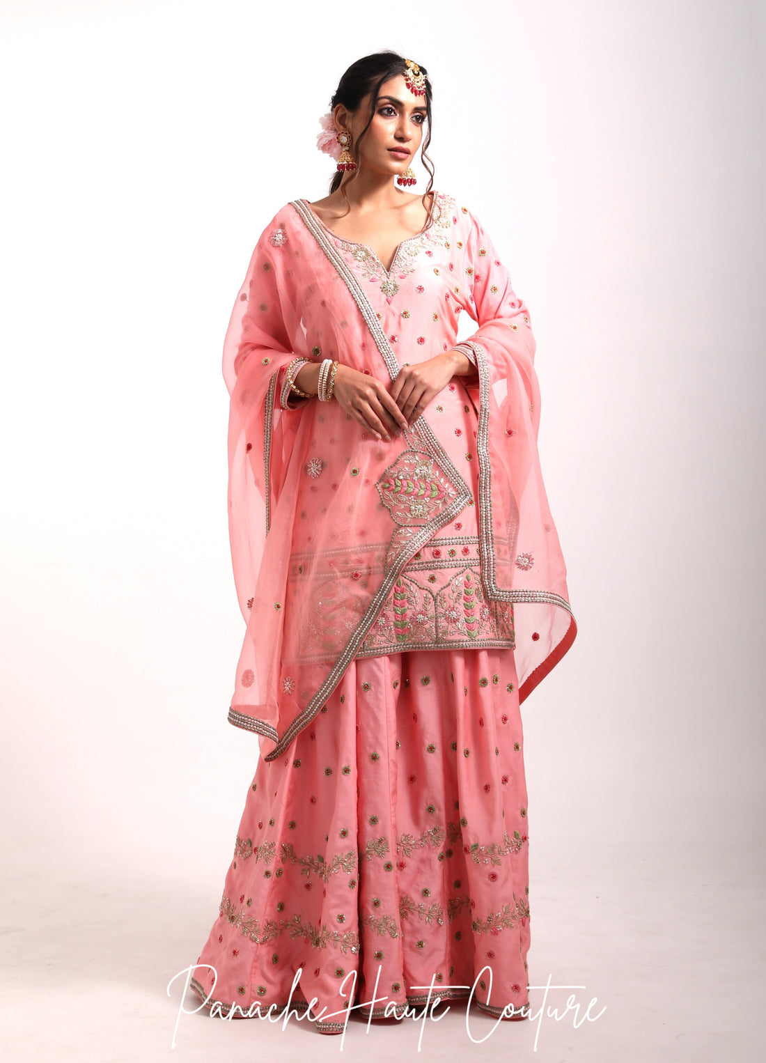 Falak- Powdered Pink Chanderi Silk Sharara Set | Luxury Bridal Couture Ensemble silhouette