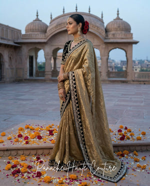 Ragini – Black and Gold Tissue Silk Wedding Saree by Panache Haute Couture