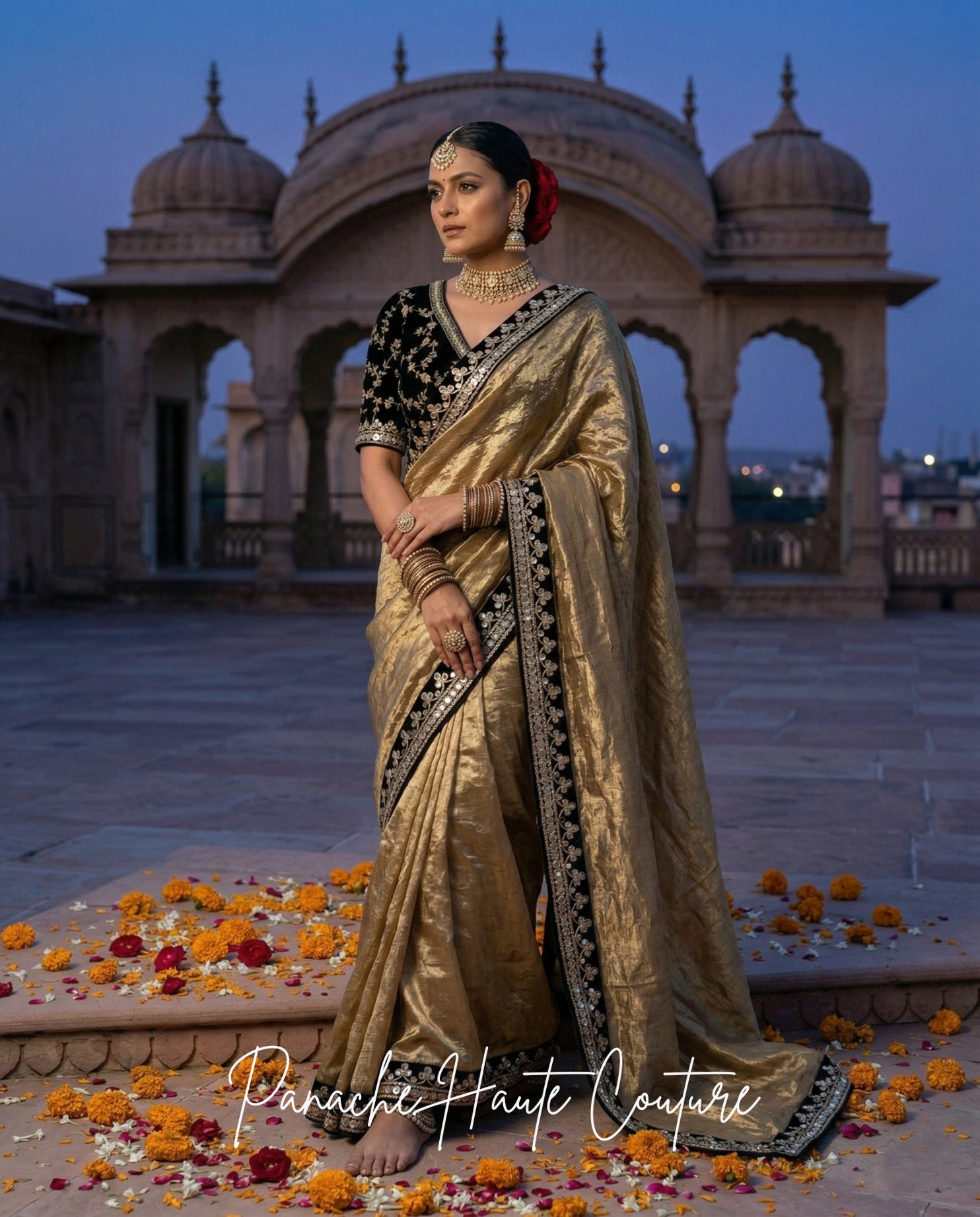 Ragini – Black and Gold Tissue Silk Wedding Saree by Panache Haute Couture