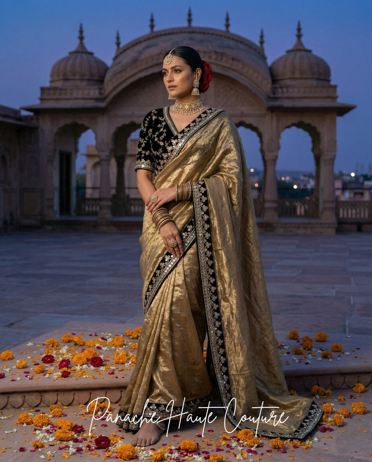 Ragini – Black and Gold Tissue Silk Wedding Saree by Panache Haute Couture