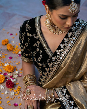 Ragini – Black and Gold Tissue Silk Wedding Saree by Panache Haute Couture