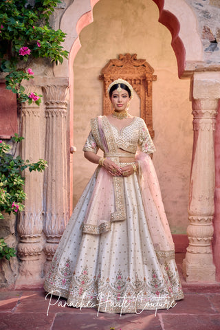 Rashika Off-White Dupion Lehenga with Pink Dupatta – Jahan Collection