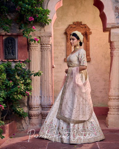 Rashika Off-White Dupion Lehenga with Pink Dupatta – Jahan Collection