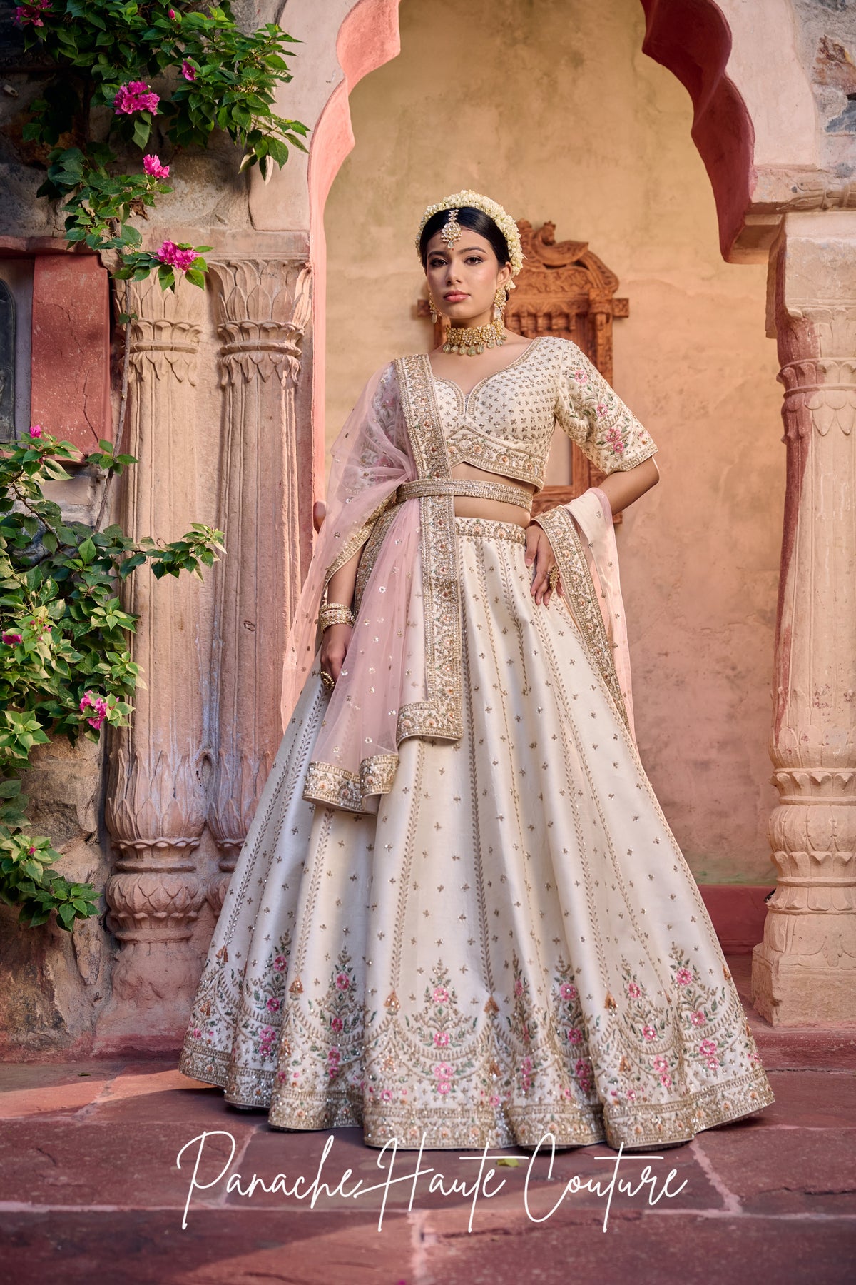Rashika Off-White Dupion Bridal Lehenga with Pink Floral Embroidery