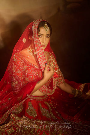 Razia Sultan Red Dupion Silk Bridal Lehenga | Panache Haute Couture