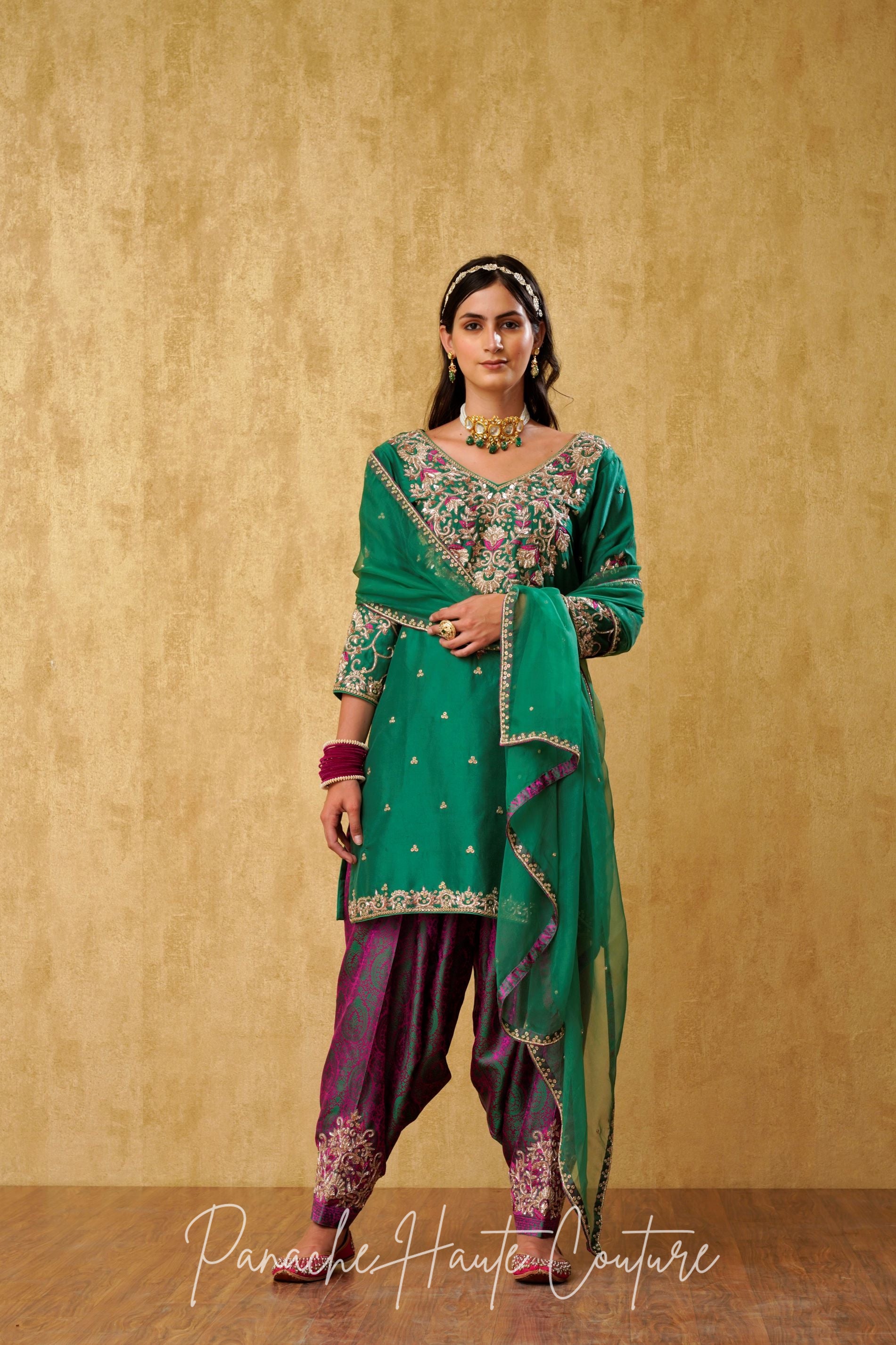 Regal Emerald Green Banarasi Silk Punjabi Suit Set for Women