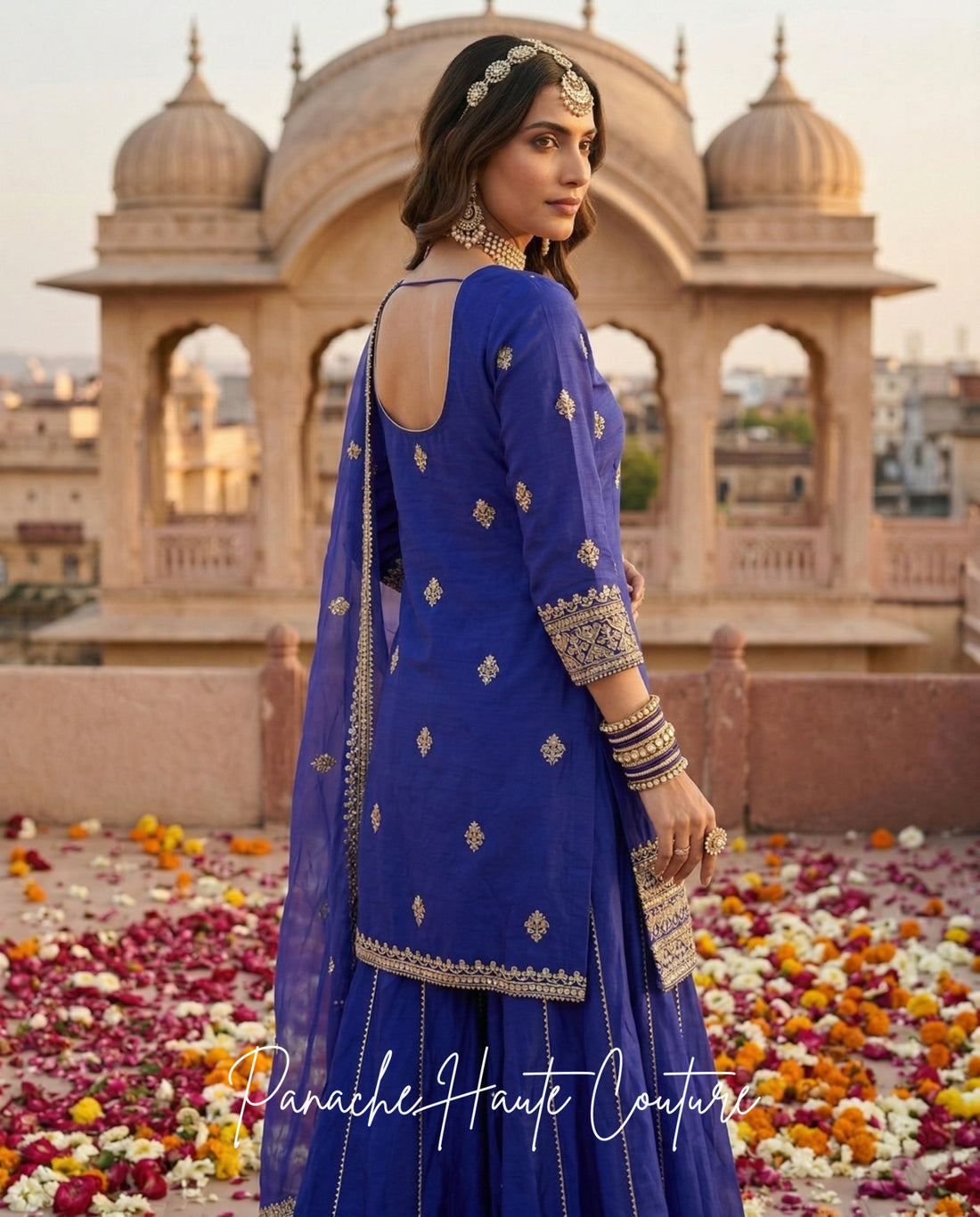 Riwayat Wedding Sharara Set in Indigo Blue Chanderi hand-embroidery detail