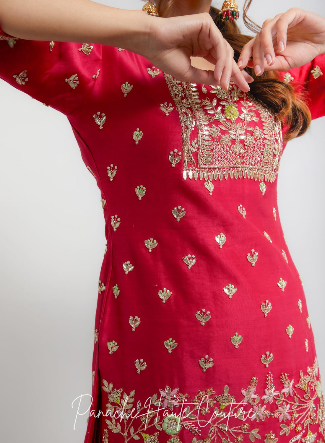 Ruby Pink Chanderi Silk Sharara Set with Silk Organza Dupatta – Rupvati hand-embroidery detail
