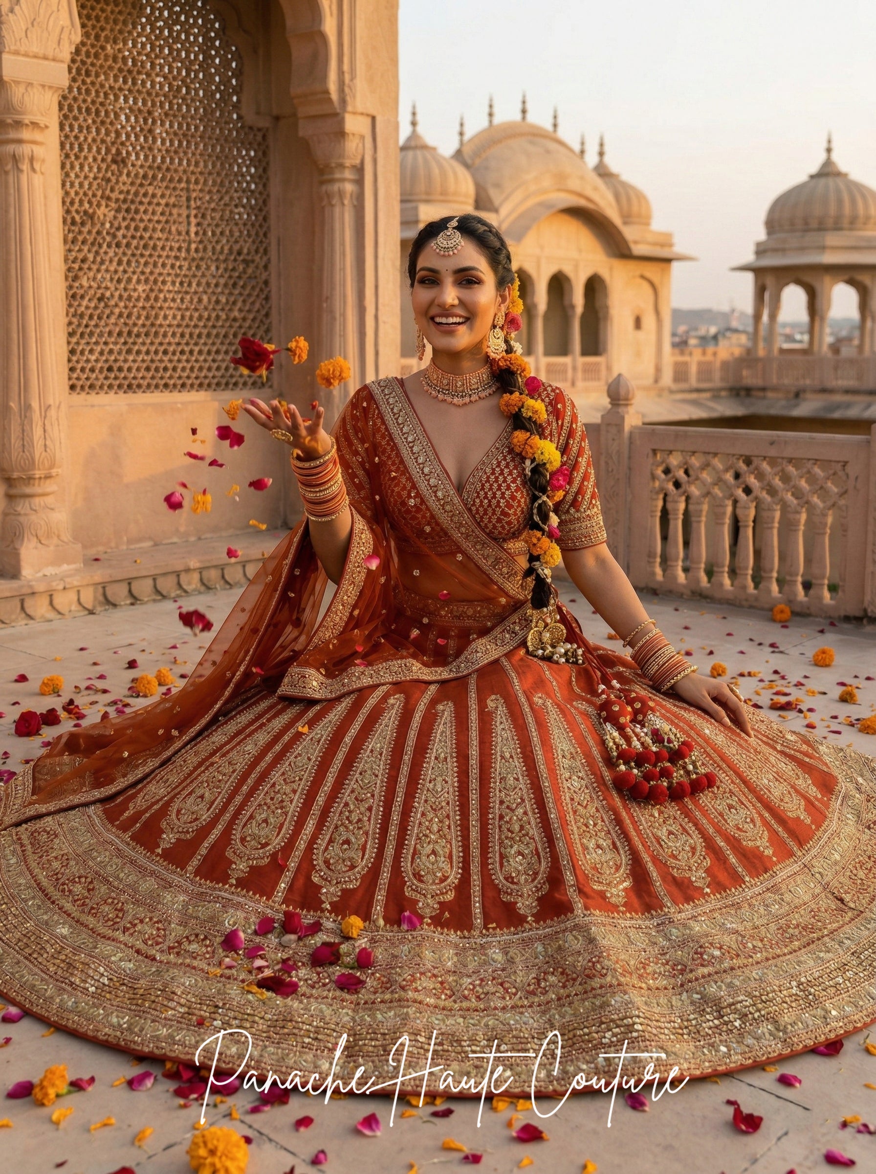 Mischita Burnt Orange Lehenga – Sangeet & Wedding Celebrations