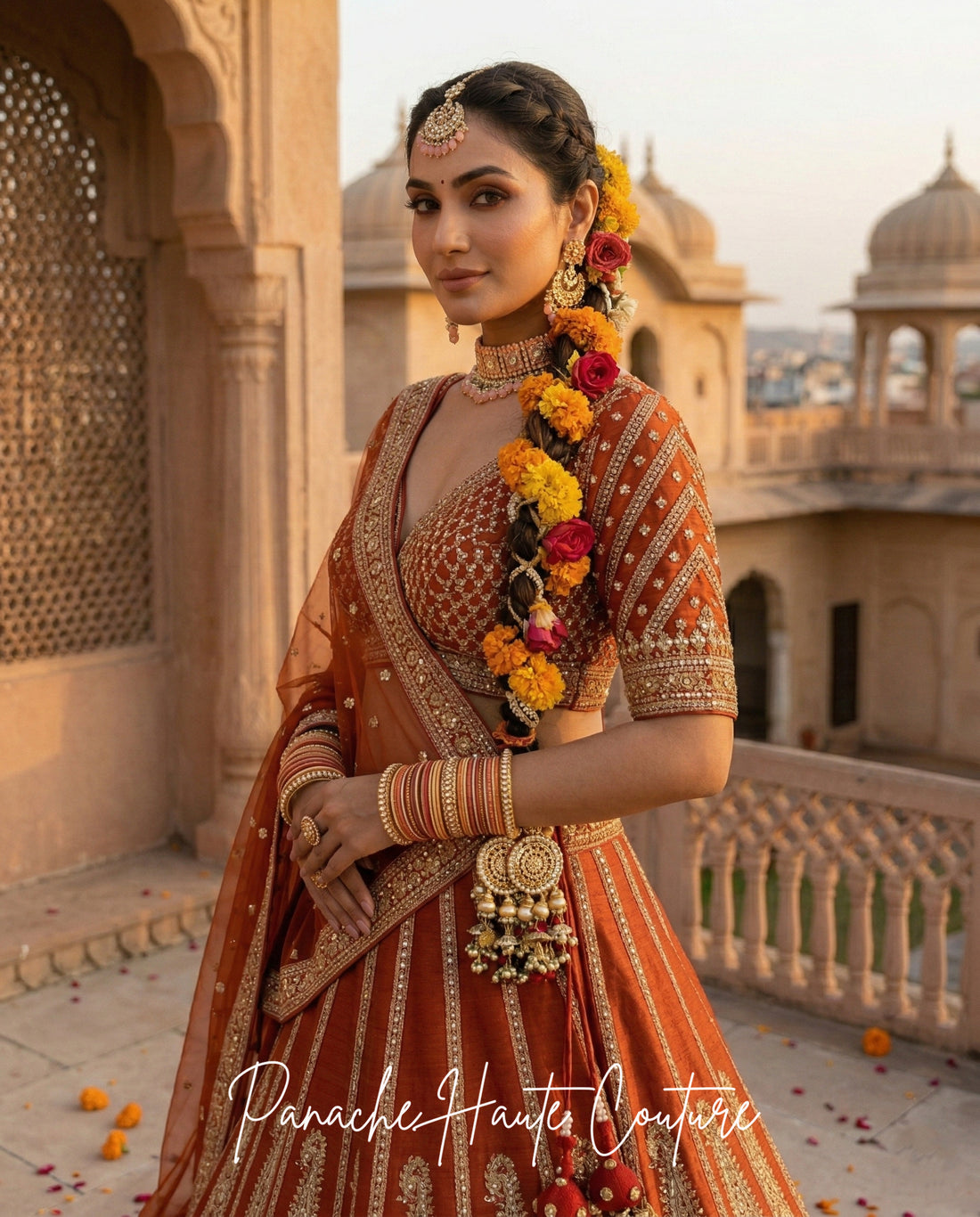 Mischita – Burnt Orange Couture Bridal Lehenga hand-embroidery detail