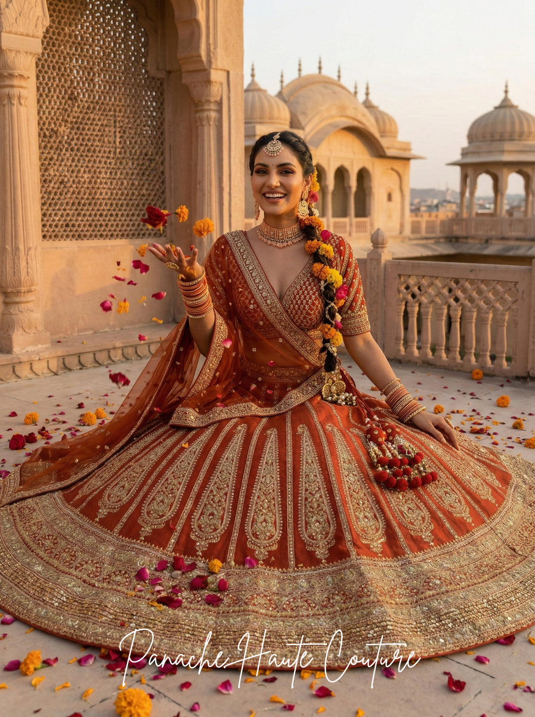 Mischita – Burnt Orange Couture Bridal Lehenga silhouette