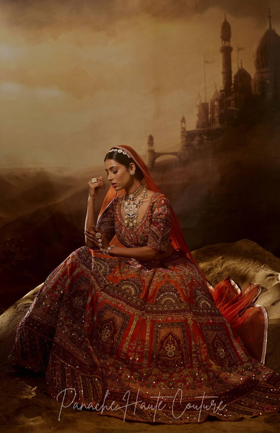Rust Orange Nurjahan Bridal Lehenga – Wedding Couture Ensemble silhouette