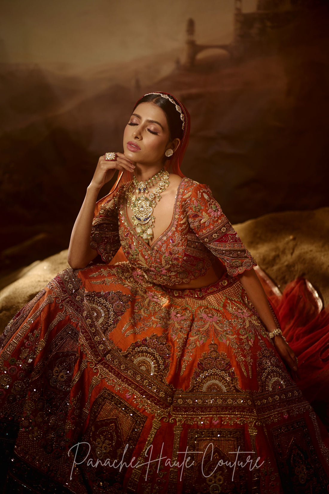 Rust Orange Nurjahan Bridal Lehenga – Wedding Couture Ensemble hand-embroidery detail