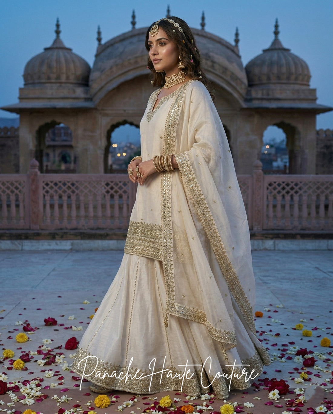 Saanjh Wedding Sharara Set in Ivory Color from Panache Haute Couture, USA