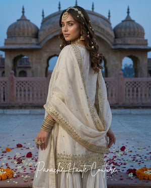 Saanjh Wedding Sharara Set in Ivory Color from Panache Haute Couture, USA