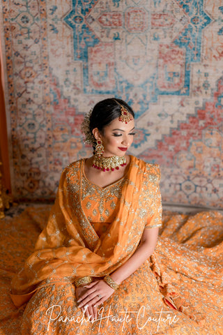 Sobhagyavati Apricot Raw Silk Bridal Lehenga Sydney & USA