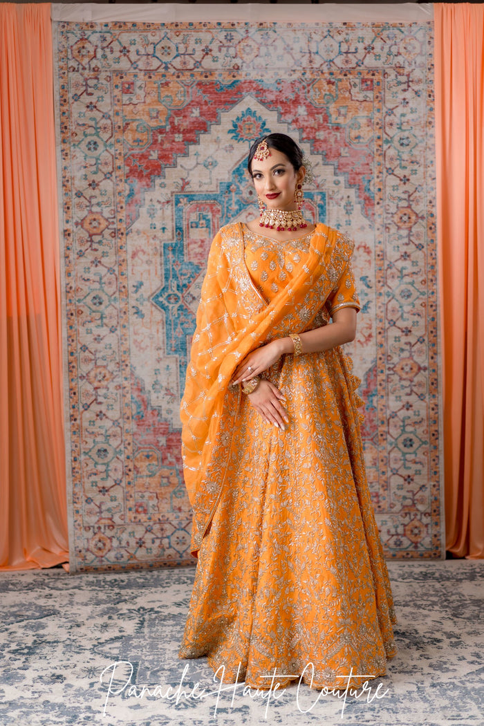 Sobhagyavati Apricot Raw Silk Bridal Lehenga Sydney & USA