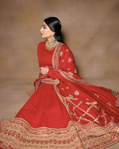 Sabyasachi-Inspired Red Matka Silk Anarkali Suit with Sequin &amp; Dori Work