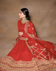 Sabyasachi-Inspired Red Matka Silk Anarkali Suit with Sequin &amp; Dori Work