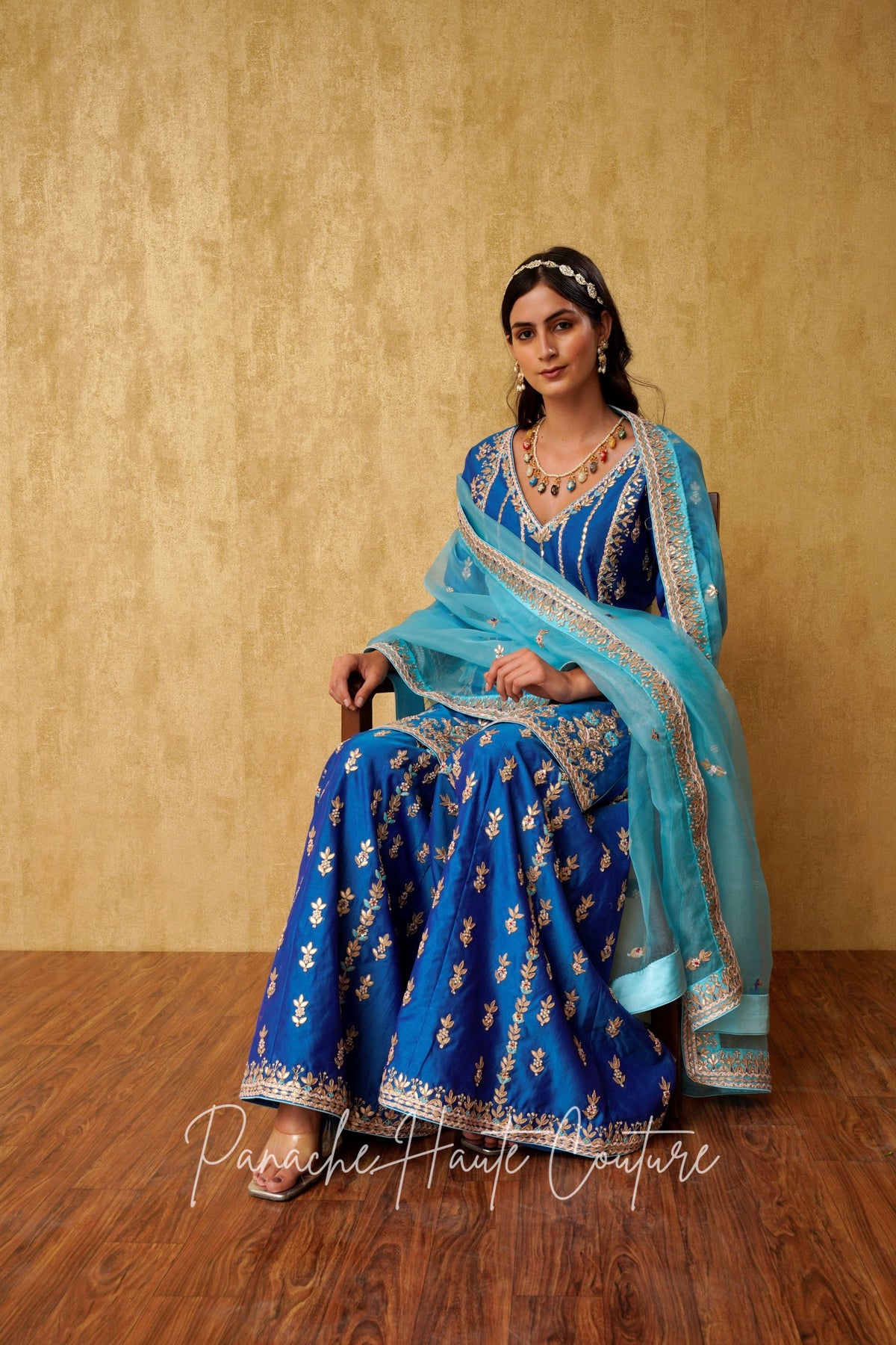 Daima Blue Chanderi Silk Sharara Set with Zardozi & Gota Embroidery