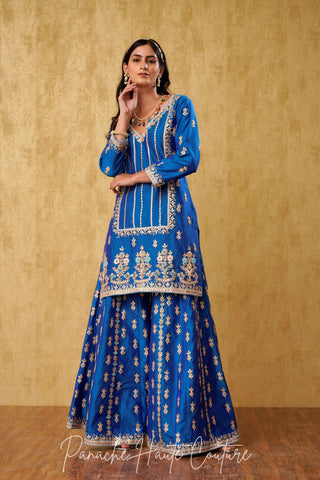 Splendor Blue Chanderi Silk Sharara Set with Zardozi and Gota Embroidery – Daima by Panache Haute Couture