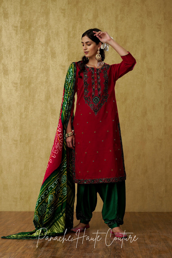 red punjabi dress Red Embroidered Silk Free Size Stitched Punjabi Salwar Suit. ( Size Upto 42)
