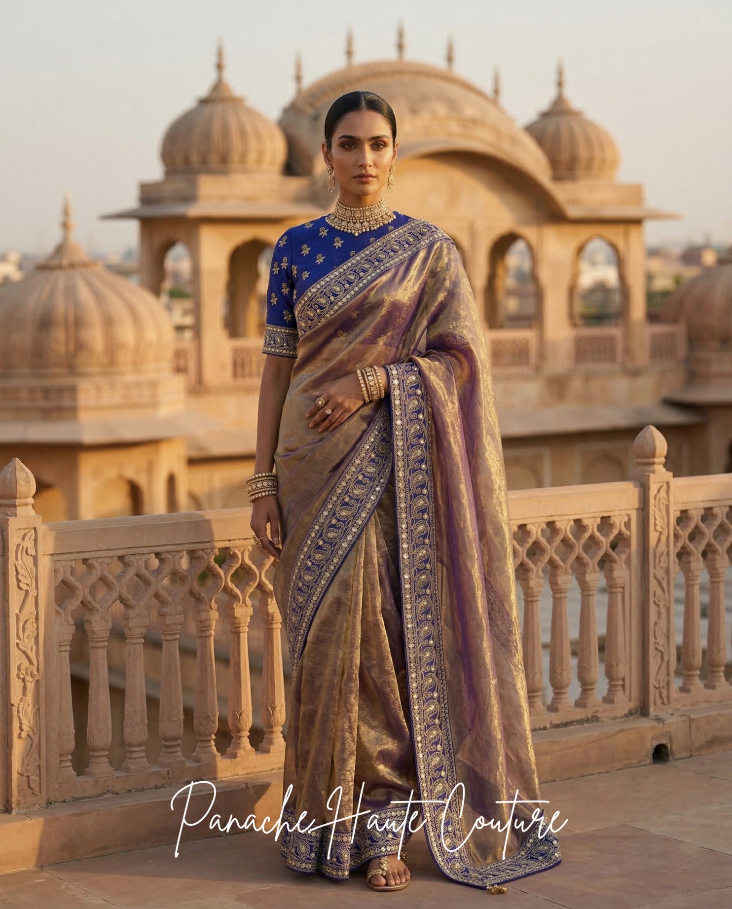 Tara – Banarasi Silk Tissue Saree with Navy Raw Silk Blouse by Panache Haute Couture, Jahan Collection