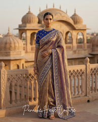 Tara – Banarasi Silk Tissue Saree with Navy Raw Silk Blouse by Panache Haute Couture, Jahan Collection