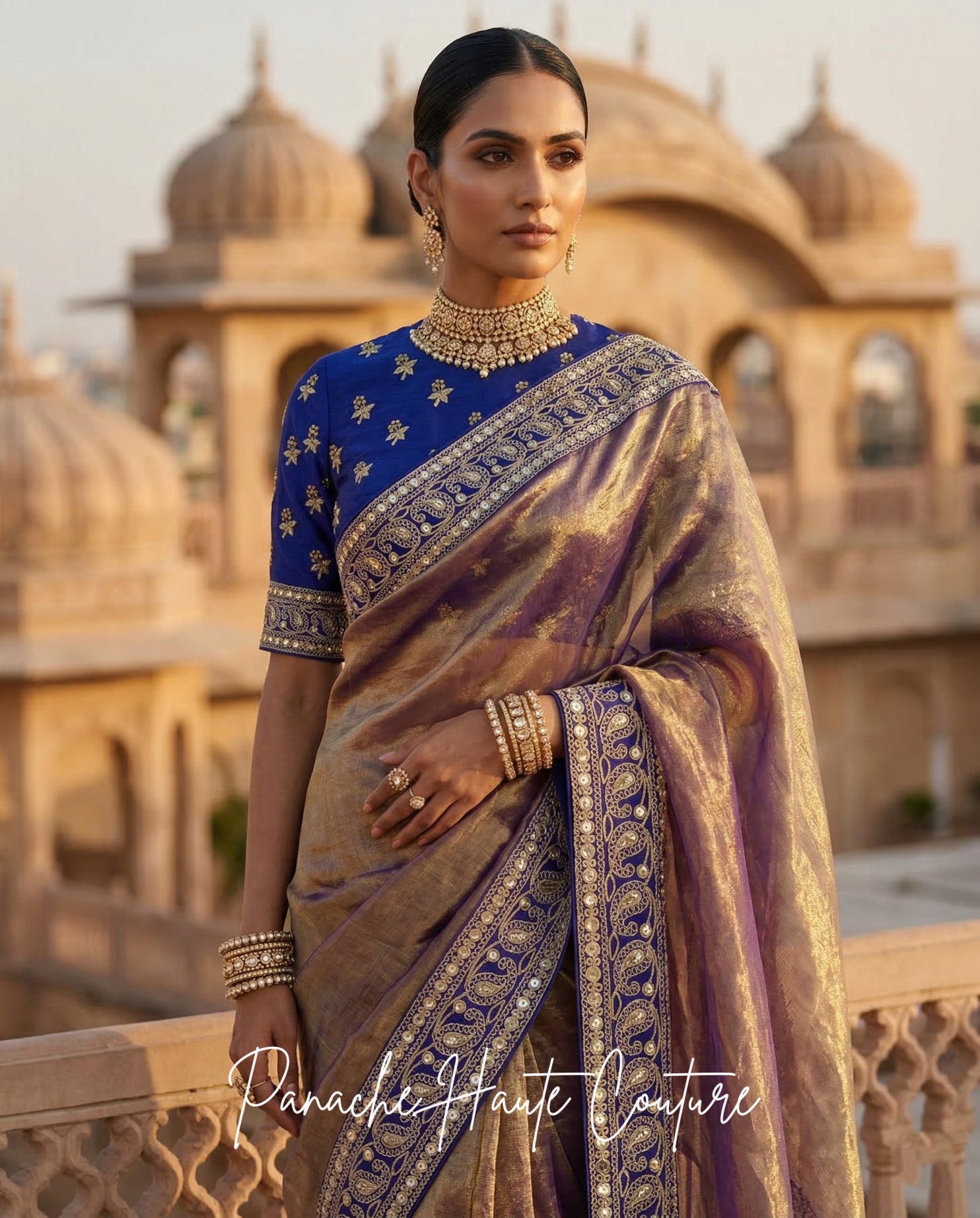 Tara – Banarasi Silk Tissue Saree with Navy Raw Silk Blouse by Panache Haute Couture, Jahan Collection