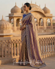 Tara – Banarasi Silk Tissue Saree with Navy Raw Silk Blouse by Panache Haute Couture, Jahan Collection
