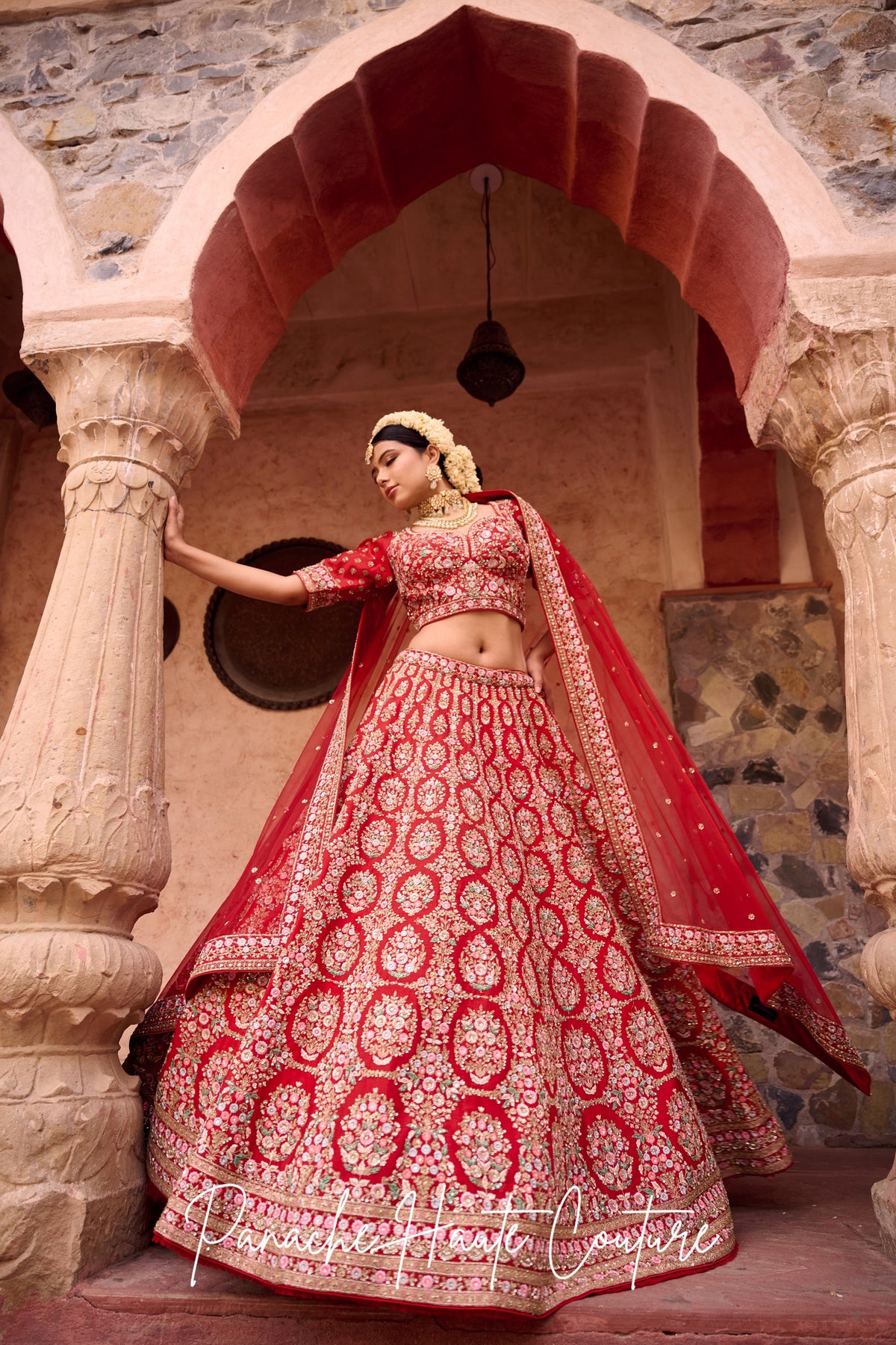 Tarunika Red Dupion Silk Bridal Lehenga with Floral Embroidery